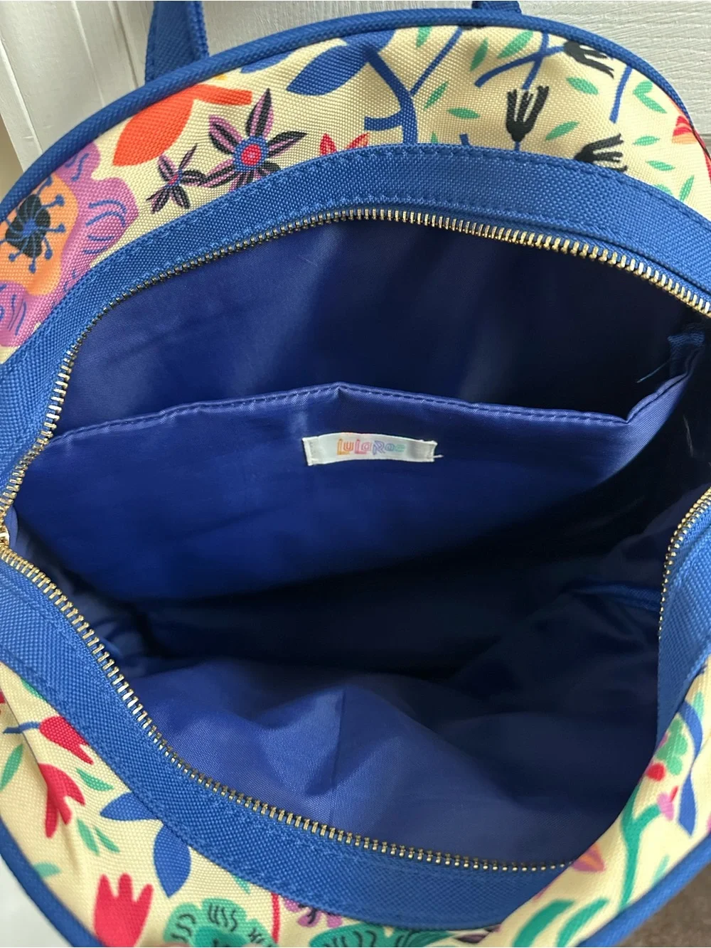 LuLaRoe Cream Floral Backpack with Blue Trim